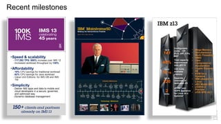 Recent milestones
Plus...
• New Workload Container
Pricing
• zTPF Transformation
Engine
• New Multiplex Pricing
Speed & scalability
–117,292 TPS: 800% increase over IMS 12
–Increased workload throughput by 130%
Affordability
–10% CPU savings for traditional workload
–62% CPU savings for Java workload
–Value Unit Editions for IMS DB and IMS
TM
Simplicity
–Deliver IMS apps and data to mobile and
cloud developers in a secure, governed,
and optimized way
–Dynamic database management
• Mega Memory
• Simultaneous
Multi-Threading
• SIMD
• Data
Compression
Acceleration
• Crypto Express
5S
• KVM for z
Systems
• IBM zAware for
Linux
• zBX Model 004
• z/OSV2.2
Preview
• z/OS SPE v2.1
Up to
141
Configurable
cores - CP,
IFLS, zIIP, ICFs,
SAP
40%
Total capacity
improvement
over zEC12
Up to
10 TB
>3X more
available
memory
Up to
320
Separate
channels of
dedicated I/O
2
SODs
zKVM * and
GDPS appliance
for Linux on z
Systems*
 