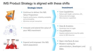 7
 Core Capabilities
– Reduce path length, contention, I/O…
– Reduce planned outages
– More dynamic capabilities
 Data & Analytics
– Accelerate time to insight
 Cloud/Mobile
– Rapidly enable/control cloud & mobile
access to IMS resources
 Innovate and extend the value of
your IMS investment
 Expand and empower the IMS
talent population
 Open interfaces & Java
 Modern tooling for
administrators, developers and
DBAs
Strategic Intent Investment
 Continue to deliver the IMS
Value Proposition
– Superior performance, reliability, availability
and serviceability
– Minimize cost per transaction
IMS Product Strategy is aligned with these shifts
 