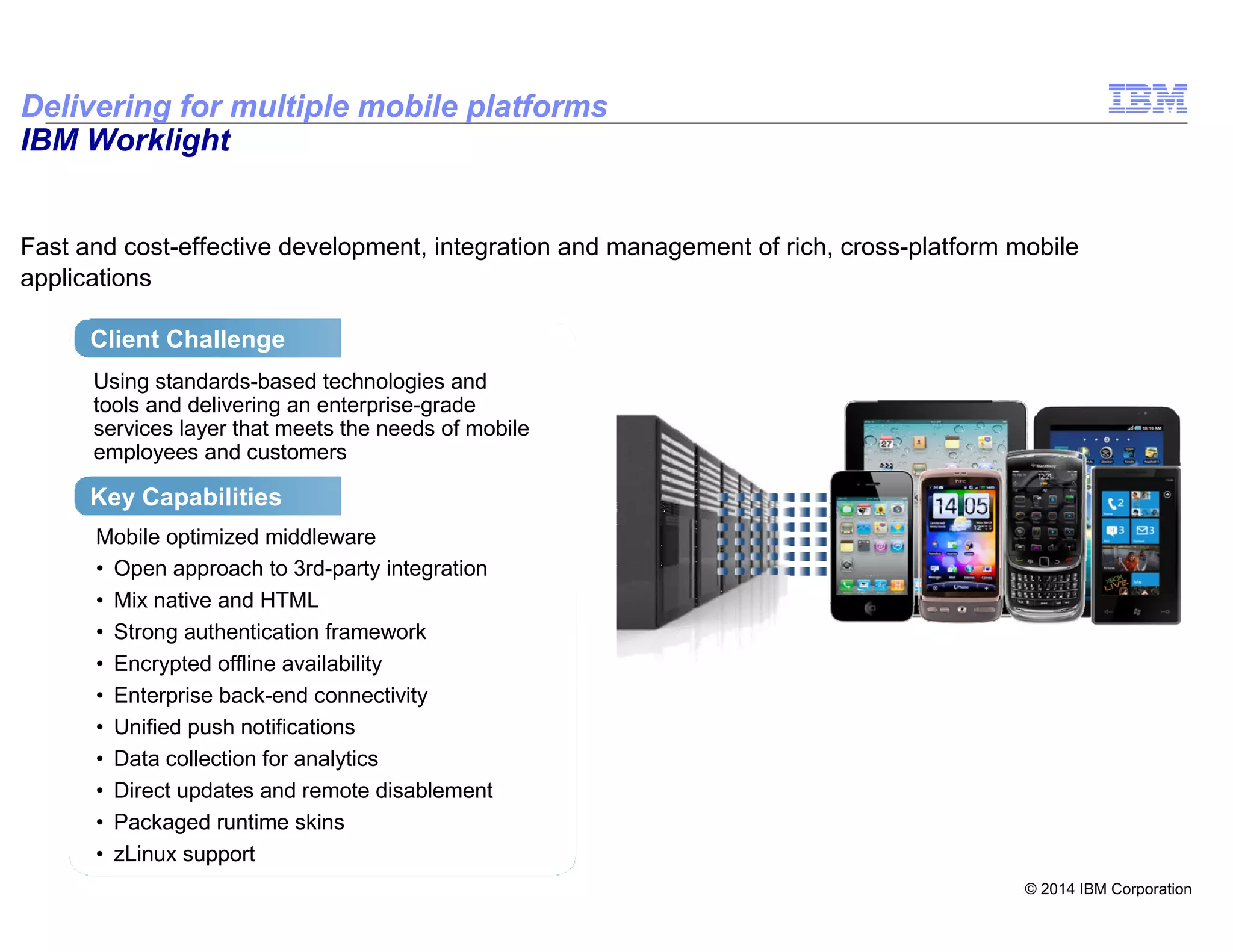 © 2014 IBM Corporation
15
Fast and cost-effective development, integration and management of rich, cross-platform mobile
applications
Client Challenge
Key Capabilities
Using standards-based technologies and
tools and delivering an enterprise-grade
services layer that meets the needs of mobile
employees and customers
Mobile optimized middleware
• Open approach to 3rd-party integration
• Mix native and HTML
• Strong authentication framework
• Encrypted offline availability
• Enterprise back-end connectivity
• Unified push notifications
• Data collection for analytics
• Direct updates and remote disablement
• Packaged runtime skins
• zLinux support
Delivering for multiple mobile platforms
IBM Worklight
 