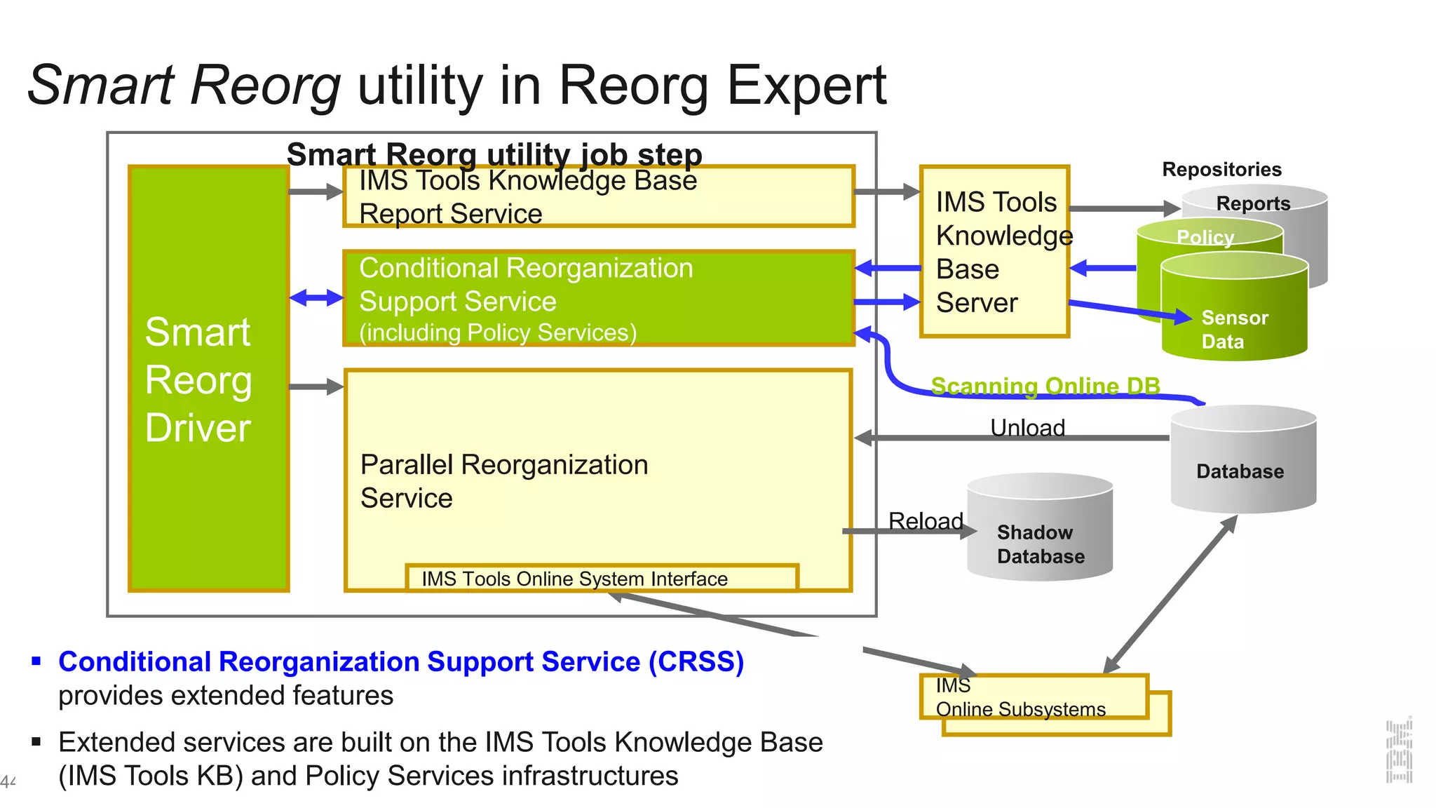 Smart Reorg utility in Reorg Expert
44
Smart
Reorg
Driver
IMS Tools Knowledge Base
Report Service
Parallel Reorganization
Service
Conditional Reorganization
Support Service
(including Policy Services)
IMS Tools
Knowledge
Base
Server Sensor
Data
Smart Reorg utility job step Repositories
Reports
Policy
Database
Shadow
Database
Reload
Unload
Scanning Online DB
IMS
Online Subsystems
 Conditional Reorganization Support Service (CRSS)
provides extended features
 Extended services are built on the IMS Tools Knowledge Base
(IMS Tools KB) and Policy Services infrastructures
IMS Tools Online System Interface
 
