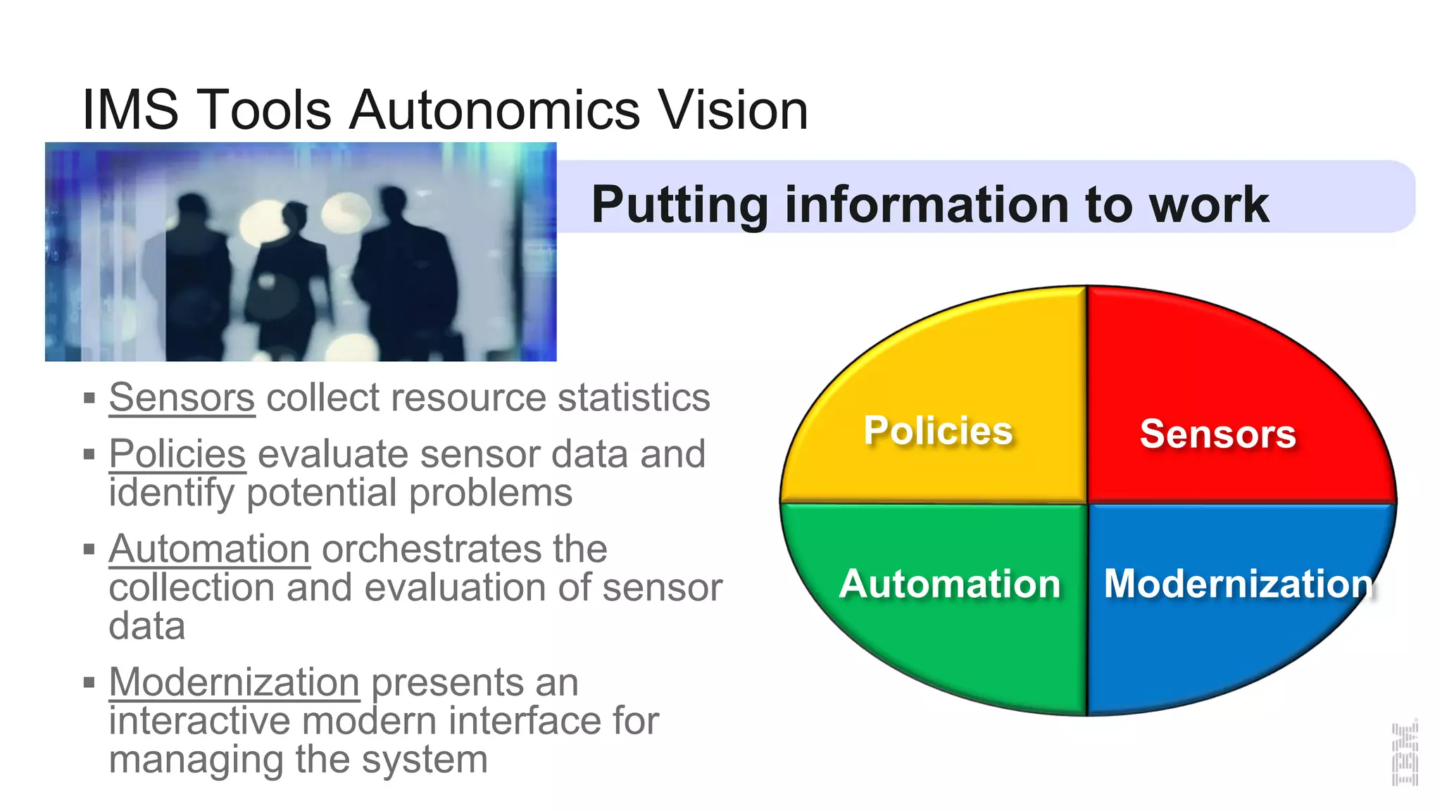 IMS Tools Autonomics Vision
 Sensors collect resource statistics
 Policies evaluate sensor data and
identify potential problems
 Automation orchestrates the
collection and evaluation of sensor
data
 Modernization presents an
interactive modern interface for
managing the system
Putting information to work
SensorsPolicies
Automation Modernization
 
