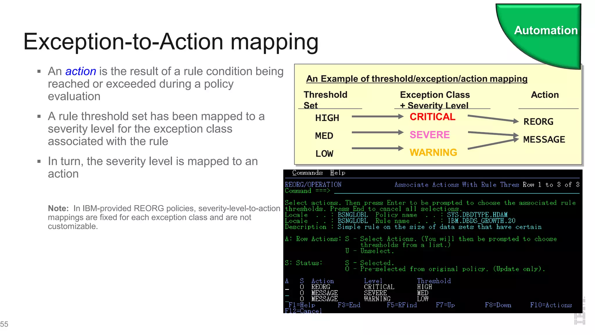 Exception-to-Action mapping
 An action is the result of a rule condition being
reached or exceeded during a policy
evaluation
 A rule threshold set has been mapped to a
severity level for the exception class
associated with the rule
 In turn, the severity level is mapped to an
action
Note: In IBM-provided REORG policies, severity-level-to-action
mappings are fixed for each exception class and are not
customizable.
55
Threshold
Set
Exception Class
+ Severity Level
Action
HIGH
MED
LOW
CRITICAL
SEVERE
WARNING
REORG
MESSAGE
An Example of threshold/exception/action mapping
Automation
 
