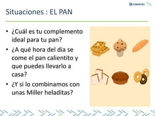 Situaciones : EL PAN
• ¿Cuál es tu complemento
ideal para tu pan?
• ¿A qué hora del dia se
come el pan calientito y
que puedes llevarlo a
casa?
• ¿Y si lo combinamos con
unas Miller heladitas?