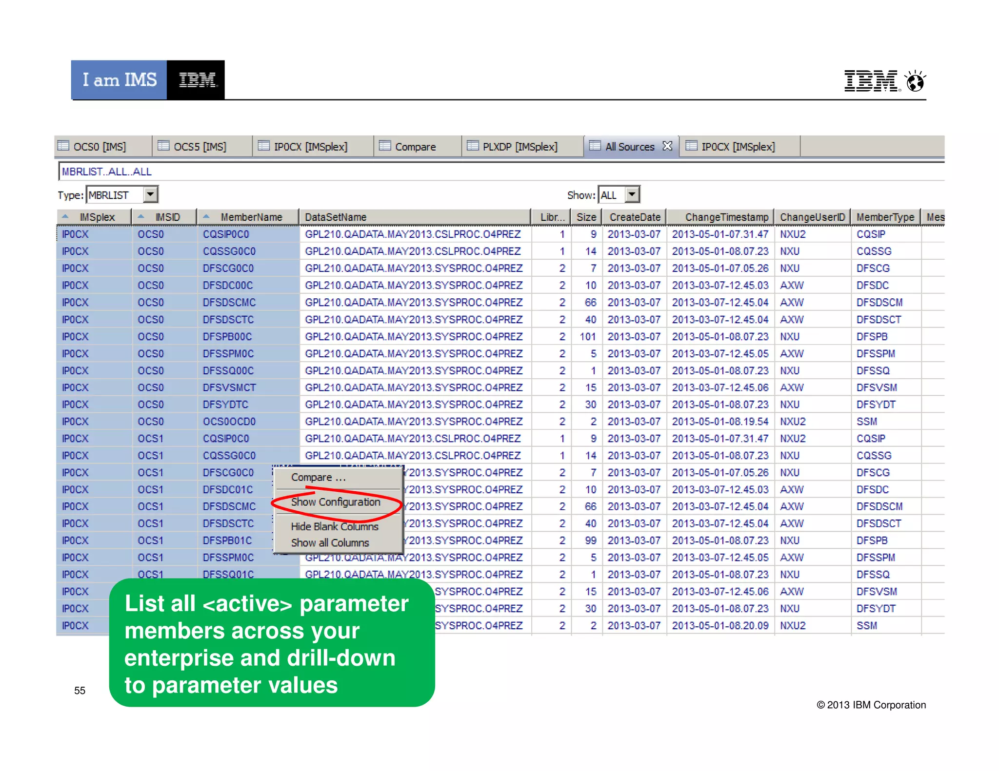 © 2013 IBM Corporation
List all <active> parameter
members across your
enterprise and drill-down
to parameter values55
 