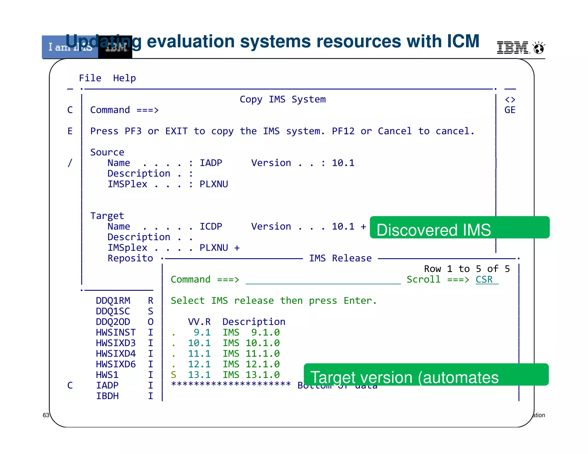 File Help
— ·———————————————————————————————————————————————————————————————————————· ——
| Copy IMS System | <>
C | Command ===> | GE
| |
E | Press PF3 or EXIT to copy the IMS system. PF12 or Cancel to cancel. |
| |
| Source |
/ | Name . . . . : IADP Version . . : 10.1 |
| Description . : |
| IMSPlex . . . : PLXNU |
| |
| |
| Target |
| Name . . . . . ICDP Version . . . 10.1 + |
Updating evaluation systems resources with ICM
Discovered IMS
© 2013 IBM Corporation
| Name . . . . . ICDP Version . . . 10.1 + |
| Description . . |
| IMSplex . . . . PLXNU + |
| Reposito ·———————————————————————— IMS Release ————————————————————————·
| | Row 1 to 5 of 5 |
| | Command ===> Scroll ===> CSR |
·———————————— | |
DDQ1RM R | Select IMS release then press Enter. |
DDQ1SC S | |
DDQ2OD O | VV.R Description |
HWSINST I | . 9.1 IMS 9.1.0 |
HWSIXD3 I | . 10.1 IMS 10.1.0 |
HWSIXD4 I | . 11.1 IMS 11.1.0 |
HWSIXD6 I | . 12.1 IMS 12.1.0 |
HWS1 I | S 13.1 IMS 13.1.0 |
C IADP I | ********************* Bottom of data ********************** |
IBDH I | |
Discovered IMS
version
Target version (automates
validation)
63
 