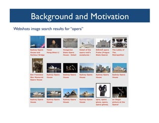Background and Motivation	

Webshots image search results for “opera”	

 