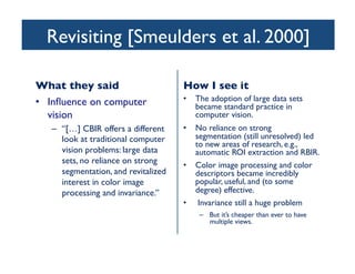 Revisiting [Smeulders et al. 2000]	

What they said	

•  Inﬂuence on computer
vision	

–  “[…] CBIR offers a different
look at traditional computer
vision problems: large data
sets, no reliance on strong
segmentation, and revitalized
interest in color image
processing and invariance.”	

How I see it	

•  The adoption of large data sets
became standard practice in
computer vision.	

•  No reliance on strong
segmentation (still unresolved) led
to new areas of research, e.g.,
automatic ROI extraction and RBIR.	

•  Color image processing and color
descriptors became incredibly
popular, useful, and (to some
degree) effective.	

•  Invariance still a huge problem	

–  But it’s cheaper than ever to have
multiple views.	

 