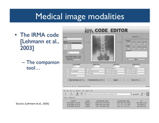 Medical image modalities	

•  The IRMA code
[Lehmann et al.,
2003]	

–  The companion
tool…	

Source: [Lehmann et al., 2004]
 