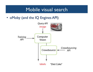 Mobile visual search	

•  oMoby (and the IQ Engines API)	

 