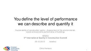 You define the level of performance
we can describe and quantify it
Sustainability of construction works – Assessment of the environmental,
social and economic performance of buildings
5th

IMSAD
International Quality in Construction Summit

05-12-2013

Istanbul

Chris Hamans
1

 
