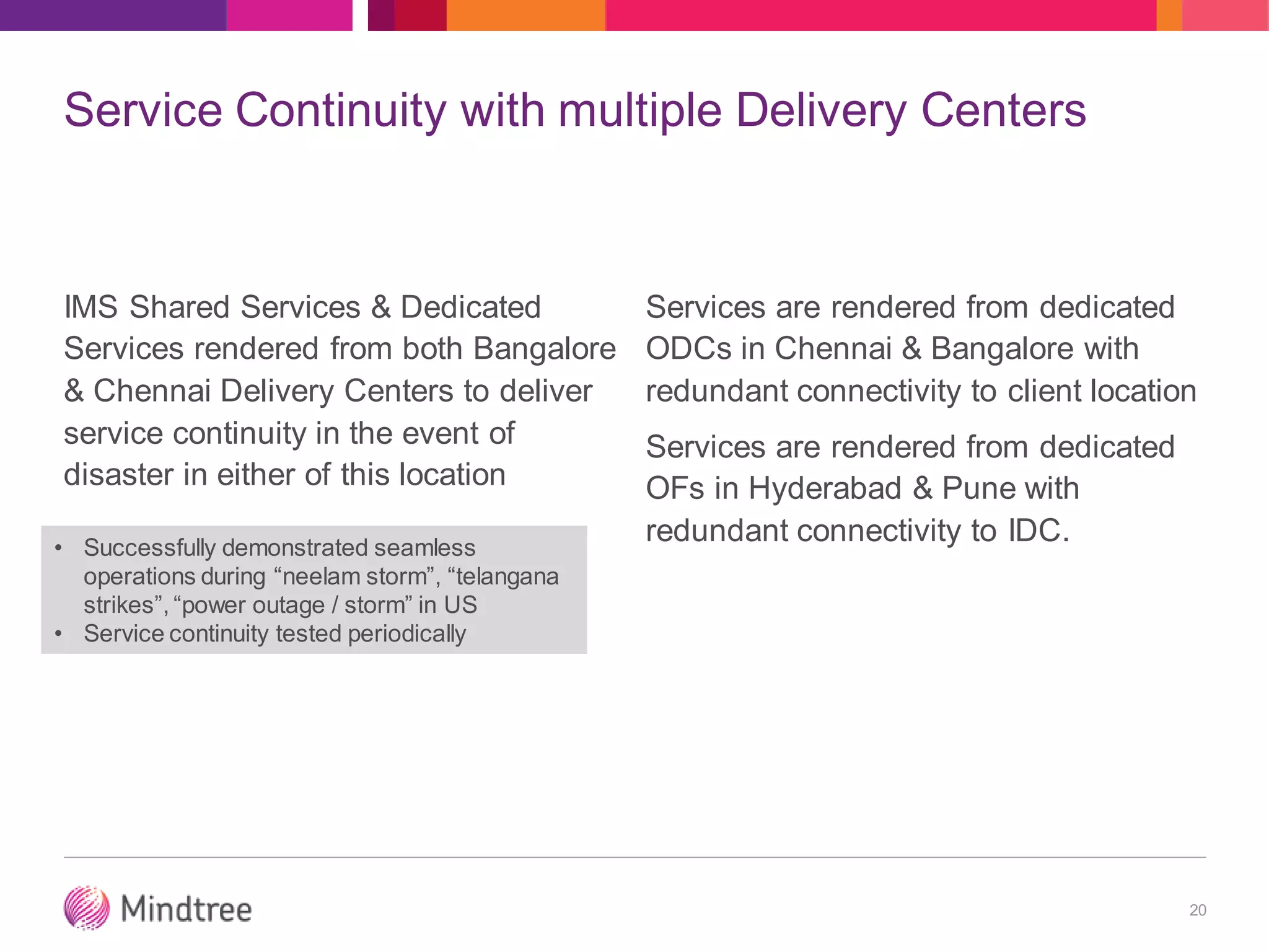 Service Continuity with multiple Delivery Centers
IMS Shared Services & Dedicated
Services rendered from both Bangalore
& Chennai Delivery Centers to deliver
service continuity in the event of
disaster in either of this location
Services are rendered from dedicated
ODCs in Chennai & Bangalore with
redundant connectivity to client location
Services are rendered from dedicated
OFs in Hyderabad & Pune with
redundant connectivity to IDC.
20
• Successfully demonstrated seamless
operations during “neelam storm”, “telangana
strikes”, “power outage / storm” in US
• Service continuity tested periodically
 