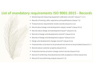 List of mandatory requirements ISO 9001:2015 - Records
 
