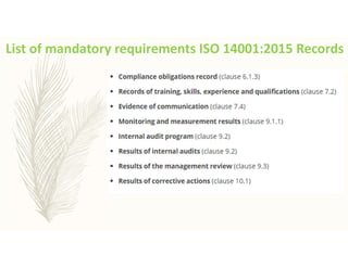 List of mandatory requirements ISO 14001:2015 Records
 