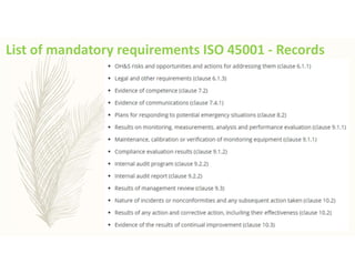 List of mandatory requirements ISO 45001 - Records
 