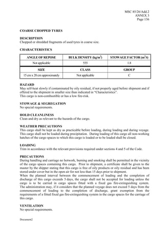 MSC 85/26/Add.2
ANNEX 3
Page 136
Document2
COARSE CHOPPED TYRES
DESCRIPTION
Chopped or shredded fragments of used tyres in coarse size.
CHARACTERISTICS
ANGLE OF REPOSE BULK DENSITY (kg/m3
) STOWAGE FACTOR (m3
/t)
Not applicable 555 1.8
SIZE CLASS GROUP
15 cm x 20 cm approximately Not applicable C
HAZARD
May self-heat slowly if contaminated by oily residual, if not properly aged before shipment and if
offered to the shipment in smaller size than indicated in “Characteristics”.
This cargo is non-combustible or has a low fire-risk.
STOWAGE & SEGREGATION
No special requirements.
HOLD CLEANLINESS
Clean and dry as relevant to the hazards of the cargo.
WEATHER PRECAUTIONS
This cargo shall be kept as dry as practicable before loading, during loading and during voyage.
This cargo shall not be loaded during precipitation. During loading of this cargo all non-working
hatches of the cargo spaces to which this cargo is loaded or to be loaded shall be closed.
LOADING
Trim in accordance with the relevant provisions required under sections 4 and 5 of the Code.
PRECAUTIONS
During handling and carriage no hotwork, burning and smoking shall be permitted in the vicinity
of the cargo spaces containing this cargo. Prior to shipment, a certificate shall be given to the
master by the shipper stating that this cargo is free of oily products or oily residual and has been
stored under cover but in the open air for not less than 15 days prior to shipment.
When the planned interval between the commencement of loading and the completion of
discharge of this cargo exceeds 5 days, the cargo shall not be accepted for loading unless the
cargo is to be carried in cargo spaces fitted with a fixed gas fire-extinguishing system.
The administration may, if it considers that the planned voyage does not exceed 5 days from the
commencement of loading to the completion of discharge, grant exemption from the
requirements of a fitted fixed gas fire-extinguishing system in the cargo spaces for the carriage of
this cargo.
VENTILATION
No special requirements.
 
