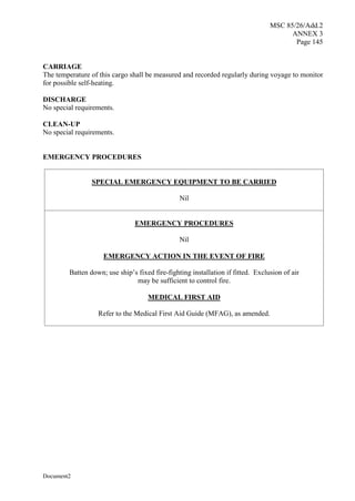 MSC 85/26/Add.2
ANNEX 3
Page 145
Document2
CARRIAGE
The temperature of this cargo shall be measured and recorded regularly during voyage to monitor
for possible self-heating.
DISCHARGE
No special requirements.
CLEAN-UP
No special requirements.
EMERGENCY PROCEDURES
SPECIAL EMERGENCY EQUIPMENT TO BE CARRIED
Nil
EMERGENCY PROCEDURES
Nil
EMERGENCY ACTION IN THE EVENT OF FIRE
Batten down; use ship’s fixed fire-fighting installation if fitted. Exclusion of air
may be sufficient to control fire.
MEDICAL FIRST AID
Refer to the Medical First Aid Guide (MFAG), as amended.
 
