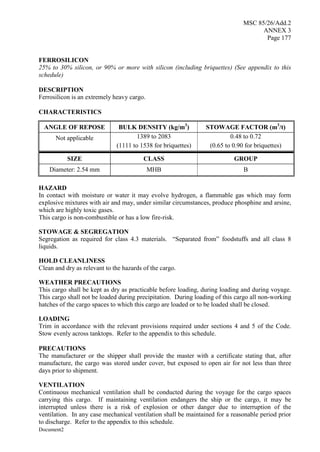 MSC 85/26/Add.2
ANNEX 3
Page 177
Document2
FERROSILICON
25% to 30% silicon, or 90% or more with silicon (including briquettes) (See appendix to this
schedule)
DESCRIPTION
Ferrosilicon is an extremely heavy cargo.
CHARACTERISTICS
ANGLE OF REPOSE BULK DENSITY (kg/m3
) STOWAGE FACTOR (m3
/t)
Not applicable 1389 to 2083
(1111 to 1538 for briquettes)
0.48 to 0.72
(0.65 to 0.90 for briquettes)
SIZE CLASS GROUP
Diameter: 2.54 mm MHB B
HAZARD
In contact with moisture or water it may evolve hydrogen, a flammable gas which may form
explosive mixtures with air and may, under similar circumstances, produce phosphine and arsine,
which are highly toxic gases.
This cargo is non-combustible or has a low fire-risk.
STOWAGE & SEGREGATION
Segregation as required for class 4.3 materials. “Separated from” foodstuffs and all class 8
liquids.
HOLD CLEANLINESS
Clean and dry as relevant to the hazards of the cargo.
WEATHER PRECAUTIONS
This cargo shall be kept as dry as practicable before loading, during loading and during voyage.
This cargo shall not be loaded during precipitation. During loading of this cargo all non-working
hatches of the cargo spaces to which this cargo are loaded or to be loaded shall be closed.
LOADING
Trim in accordance with the relevant provisions required under sections 4 and 5 of the Code.
Stow evenly across tanktops. Refer to the appendix to this schedule.
PRECAUTIONS
The manufacturer or the shipper shall provide the master with a certificate stating that, after
manufacture, the cargo was stored under cover, but exposed to open air for not less than three
days prior to shipment.
VENTILATION
Continuous mechanical ventilation shall be conducted during the voyage for the cargo spaces
carrying this cargo. If maintaining ventilation endangers the ship or the cargo, it may be
interrupted unless there is a risk of explosion or other danger due to interruption of the
ventilation. In any case mechanical ventilation shall be maintained for a reasonable period prior
to discharge. Refer to the appendix to this schedule.
 