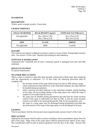 MSC 85/26/Add.2
ANNEX 3
Page 188
Document2
FLUORSPAR
DESCRIPTION
Yellow, green or purple crystals. Coarse dust.
CHARACTERISTICS
ANGLE OF REPOSE BULK DENSITY (kg/m3
) STOWAGE FACTOR (m3
/t)
Not applicable Dry: 1429 to 1786
Wet: 1786 to 2128
Dry: 0.56 to 0.70
Wet: 0.47 to 0.56
SIZE CLASS GROUP
Not applicable MHB A and B
HAZARD
This material may liquefy if shipped at moisture content in excess of their Transportable moisture
limit. See section 7 of the Code. Harmful and irritating by dust inhalation.
STOWAGE & SEGREGATION
“Separated from” foodstuffs and all class 8 materials (goods in packaged form and solid bulk
materials).
HOLD CLEANLINESS
No special requirements.
WEATHER PRECAUTIONS
When a cargo is carried in a ship other than specially constructed or fitted cargo ship complying
with the requirements in subsection 7.3.2 of this Code, the following provisions shall be
complied with:
.1 the moisture content of the cargo shall be kept less than its TML during voyage;
.2 unless expressly provided otherwise in this individual schedule, the cargo shall not
be handled during precipitation;
.3 unless expressly provided otherwise in this individual schedule, during handling
of the cargo, all non-working hatches of the cargo spaces into which the cargo is
loaded or to be loaded shall be closed;
.4 the cargo may be handled during precipitation provided that the actual moisture
content of the cargo is sufficiently less than its TML so that the actual moisture
content is not liable to be increased beyond the TML by the precipitation; and
.5 the cargo in a cargo space may be discharged during precipitation provided that
the total amount of the cargo in the cargo space is to be discharged in the port.
LOADING
Trim in accordance with the relevant provisions required under sections 4 and 5 of the Code.
PRECAUTIONS
Appropriate precautions shall be taken to protect machinery and accommodation spaces from the
dust of the cargo. Bilge wells of the cargo spaces shall be protected from ingress of the cargo.
Due consideration shall be paid to protect equipment from the dust of the cargo. Persons who
 