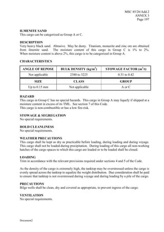 MSC 85/26/Add.2
ANNEX 3
Page 197
Document2
ILMENITE SAND
This cargo can be categorized as Group A or C.
DESCRIPTION
Very heavy black sand. Abrasive. May be dusty. Titanium, monazite and zinc ore are obtained
from ilmenite sand. The moisture content of this cargo in Group C is 1% to 2%.
When moisture content is above 2%, this cargo is to be categorized in Group A.
CHARACTERISTICS
ANGLE OF REPOSE BULK DENSITY (kg/m3
) STOWAGE FACTOR (m3
/t)
Not applicable 2380 to 3225 0.31 to 0.42
SIZE CLASS GROUP
Up to 0.15 mm Not applicable A or C
HAZARD
This cargo in Group C has no special hazards. This cargo in Group A may liquefy if shipped at a
moisture content in excess of its TML. See section 7 of this Code.
This cargo is non-combustible or has a low fire-risk.
STOWAGE & SEGREGATION
No special requirements.
HOLD CLEANLINESS
No special requirements.
WEATHER PRECAUTIONS
This cargo shall be kept as dry as practicable before loading, during loading and during voyage.
This cargo shall not be loaded during precipitation. During loading of this cargo all non-working
hatches of the cargo spaces to which this cargo are loaded or to be loaded shall be closed.
LOADING
Trim in accordance with the relevant provisions required under sections 4 and 5 of the Code.
As the density of the cargo is extremely high, the tanktop may be overstressed unless the cargo is
evenly spread across the tanktop to equalize the weight distribution. Due consideration shall be paid
to ensure that tanktop is not overstressed during voyage and during loading by a pile of the cargo.
PRECAUTIONS
Bilge wells shall be clean, dry and covered as appropriate, to prevent ingress of the cargo.
VENTILATION
No special requirements.
 