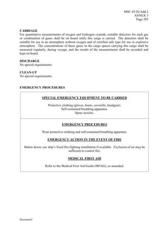 MSC 85/26/Add.2
ANNEX 3
Page 203
Document2
CARRIAGE
For quantitative measurements of oxygen and hydrogen cyanide, suitable detectors for each gas
or combination of gases shall be on board while this cargo is carried. The detectors shall be
suitable for use in an atmosphere without oxygen and of certified safe type for use in explosive
atmosphere. The concentrations of these gases in the cargo spaces carrying this cargo shall be
measured regularly, during voyage, and the results of the measurements shall be recorded and
kept on board.
DISCHARGE
No special requirements.
CLEAN-UP
No special requirements.
EMERGENCY PROCEDURES
SPECIAL EMERGENCY EQUIPMENT TO BE CARRIED
Protective clothing (gloves, boots, coveralls, headgear).
Self-contained breathing apparatus.
Spray nozzles.
EMERGENCY PROCEDURES
Wear protective clothing and self-contained breathing apparatus.
EMERGENCY ACTION IN THE EVENT OF FIRE
Batten down; use ship’s fixed fire-fighting installation if available. Exclusion of air may be
sufficient to control fire.
MEDICAL FIRST AID
Refer to the Medical First Aid Guide (MFAG), as amended.
 