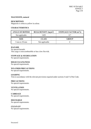MSC 85/26/Add.2
ANNEX 3
Page 218
Document2
MAGNESITE, natural
DESCRIPTION
Magnesite is white to yellow in colour.
CHARACTERISTICS
ANGLE OF REPOSE BULK DENSITY (kg/m3
) STOWAGE FACTOR (m3
/t)
Not applicable 1429 0.7
SIZE CLASS GROUP
3 mm to 30 mm Not applicable C
HAZARD
No special hazards.
This cargo is non-combustible or has a low fire-risk.
STOWAGE & SEGREGATION
No special requirements.
HOLD CLEANLINESS
No special requirements.
WEATHER PRECAUTIONS
No special requirements.
LOADING
Trim in accordance with the relevant provisions required under sections 4 and 5 of the Code.
PRECAUTIONS
No special requirements.
VENTILATION
No special requirements.
CARRIAGE
No special requirements.
DISCHARGE
No special requirements.
CLEAN-UP
No special requirements.
 