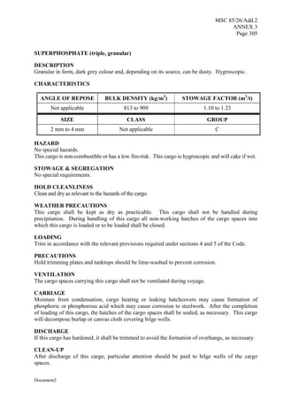 MSC 85/26/Add.2
ANNEX 3
Page 305
Document2
SUPERPHOSPHATE (triple, granular)
DESCRIPTION
Granular in form, dark grey colour and, depending on its source, can be dusty. Hygroscopic.
CHARACTERISTICS
ANGLE OF REPOSE BULK DENSITY (kg/m3
) STOWAGE FACTOR (m3
/t)
Not applicable 813 to 909 1.10 to 1.23
SIZE CLASS GROUP
2 mm to 4 mm Not applicable C
HAZARD
No special hazards.
This cargo is non-combustible or has a low fire-risk. This cargo is hygroscopic and will cake if wet.
STOWAGE & SEGREGATION
No special requirements.
HOLD CLEANLINESS
Clean and dry as relevant to the hazards of the cargo.
WEATHER PRECAUTIONS
This cargo shall be kept as dry as practicable. This cargo shall not be handled during
precipitation. During handling of this cargo all non-working hatches of the cargo spaces into
which this cargo is loaded or to be loaded shall be closed.
LOADING
Trim in accordance with the relevant provisions required under sections 4 and 5 of the Code.
PRECAUTIONS
Hold trimming plates and tanktops should be lime-washed to prevent corrosion.
VENTILATION
The cargo spaces carrying this cargo shall not be ventilated during voyage.
CARRIAGE
Moisture from condensation, cargo heating or leaking hatchcovers may cause formation of
phosphoric or phosphorous acid which may cause corrosion to steelwork. After the completion
of loading of this cargo, the hatches of the cargo spaces shall be sealed, as necessary. This cargo
will decompose burlap or canvas cloth covering bilge wells.
DISCHARGE
If this cargo has hardened, it shall be trimmed to avoid the formation of overhangs, as necessary.
CLEAN-UP
After discharge of this cargo, particular attention should be paid to bilge wells of the cargo
spaces.
 