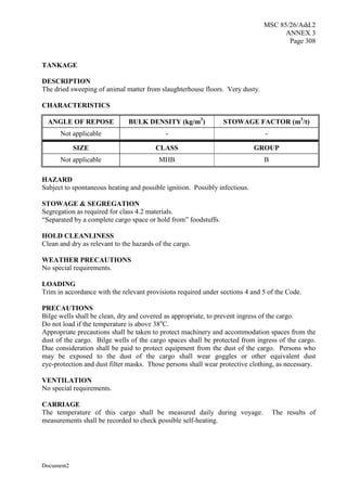 MSC 85/26/Add.2
ANNEX 3
Page 308
Document2
TANKAGE
DESCRIPTION
The dried sweeping of animal matter from slaughterhouse floors. Very dusty.
CHARACTERISTICS
ANGLE OF REPOSE BULK DENSITY (kg/m3
) STOWAGE FACTOR (m3
/t)
Not applicable - -
SIZE CLASS GROUP
Not applicable MHB B
HAZARD
Subject to spontaneous heating and possible ignition. Possibly infectious.
STOWAGE & SEGREGATION
Segregation as required for class 4.2 materials.
“Separated by a complete cargo space or hold from” foodstuffs.
HOLD CLEANLINESS
Clean and dry as relevant to the hazards of the cargo.
WEATHER PRECAUTIONS
No special requirements.
LOADING
Trim in accordance with the relevant provisions required under sections 4 and 5 of the Code.
PRECAUTIONS
Bilge wells shall be clean, dry and covered as appropriate, to prevent ingress of the cargo.
Do not load if the temperature is above 38o
C.
Appropriate precautions shall be taken to protect machinery and accommodation spaces from the
dust of the cargo. Bilge wells of the cargo spaces shall be protected from ingress of the cargo.
Due consideration shall be paid to protect equipment from the dust of the cargo. Persons who
may be exposed to the dust of the cargo shall wear goggles or other equivalent dust
eye-protection and dust filter masks. Those persons shall wear protective clothing, as necessary.
VENTILATION
No special requirements.
CARRIAGE
The temperature of this cargo shall be measured daily during voyage. The results of
measurements shall be recorded to check possible self-heating.
 
