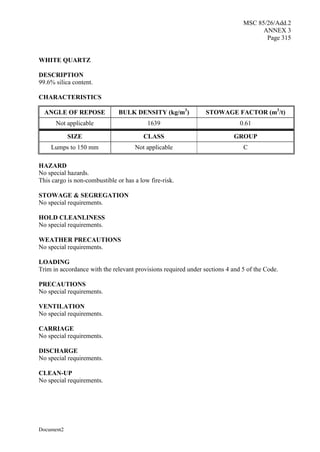 MSC 85/26/Add.2
ANNEX 3
Page 315
Document2
WHITE QUARTZ
DESCRIPTION
99.6% silica content.
CHARACTERISTICS
ANGLE OF REPOSE BULK DENSITY (kg/m3
) STOWAGE FACTOR (m3
/t)
Not applicable 1639 0.61
SIZE CLASS GROUP
Lumps to 150 mm Not applicable C
HAZARD
No special hazards.
This cargo is non-combustible or has a low fire-risk.
STOWAGE & SEGREGATION
No special requirements.
HOLD CLEANLINESS
No special requirements.
WEATHER PRECAUTIONS
No special requirements.
LOADING
Trim in accordance with the relevant provisions required under sections 4 and 5 of the Code.
PRECAUTIONS
No special requirements.
VENTILATION
No special requirements.
CARRIAGE
No special requirements.
DISCHARGE
No special requirements.
CLEAN-UP
No special requirements.
 
