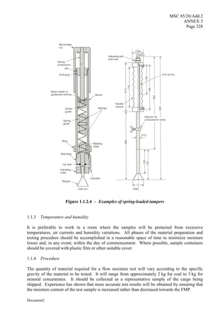 MSC 85/26/Add.2
ANNEX 3
Page 328
Document2
Figure 1.1.2.4 – Examples of spring-loaded tampers
1.1.3 Temperature and humidity
It is preferable to work in a room where the samples will be protected from excessive
temperatures, air currents and humidity variations. All phases of the material preparation and
testing procedure should be accomplished in a reasonable space of time to minimize moisture
losses and, in any event, within the day of commencement. Where possible, sample containers
should be covered with plastic film or other suitable cover.
1.1.4 Procedure
The quantity of material required for a flow moisture test will vary according to the specific
gravity of the material to be tested. It will range from approximately 2 kg for coal to 3 kg for
mineral concentrates. It should be collected as a representative sample of the cargo being
shipped. Experience has shown that more accurate test results will be obtained by ensuring that
the moisture content of the test sample is increased rather than decreased towards the FMP.
 