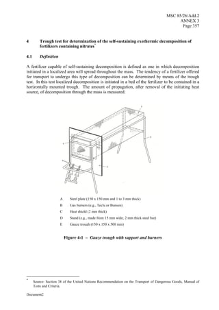 MSC 85/26/Add.2
ANNEX 3
Page 357
Document2
4 Trough test for determination of the self-sustaining exothermic decomposition of
fertilizers containing nitrates*
4.1 Definition
A fertilizer capable of self-sustaining decomposition is defined as one in which decomposition
initiated in a localized area will spread throughout the mass. The tendency of a fertilizer offered
for transport to undergo this type of decomposition can be determined by means of the trough
test. In this test localized decomposition is initiated in a bed of the fertilizer to be contained in a
horizontally mounted trough. The amount of propagation, after removal of the initiating heat
source, of decomposition through the mass is measured.
Figure 4-1 – Gauze trough with support and burners
*
Source: Section 38 of the United Nations Recommendation on the Transport of Dangerous Goods, Manual of
Tests and Criteria.
A Steel plate (150 x 150 mm and 1 to 3 mm thick)
B Gas burners (e.g., Teclu or Bunsen)
C Heat shield (2 mm thick)
D Stand (e.g., made from 15 mm wide, 2 mm thick steel bar)
E Gauze trough (150 x 150 x 500 mm)
 