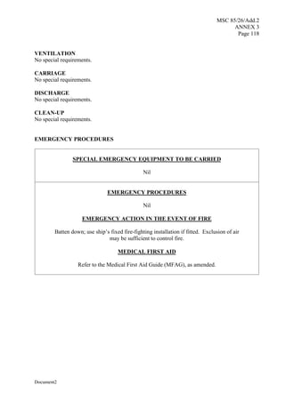 MSC 85/26/Add.2
ANNEX 3
Page 118
Document2
VENTILATION
No special requirements.
CARRIAGE
No special requirements.
DISCHARGE
No special requirements.
CLEAN-UP
No special requirements.
EMERGENCY PROCEDURES
SPECIAL EMERGENCY EQUIPMENT TO BE CARRIED
Nil
EMERGENCY PROCEDURES
Nil
EMERGENCY ACTION IN THE EVENT OF FIRE
Batten down; use ship’s fixed fire-fighting installation if fitted. Exclusion of air
may be sufficient to control fire.
MEDICAL FIRST AID
Refer to the Medical First Aid Guide (MFAG), as amended.
 