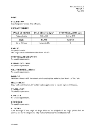 MSC 85/26/Add.2
ANNEX 3
Page 138
Document2
COKE
DESCRIPTION
Grey lumps may contain fines (Breeze).
CHARACTERISTICS
ANGLE OF REPOSE BULK DENSITY (kg/m3
) STOWAGE FACTOR (m3
/t)
Not applicable 341 to 800 1.25 to 2.93
SIZE CLASS GROUP
Up to 200 mm Not applicable C
HAZARD
No special hazards.
This cargo is non-combustible or has a low fire-risk.
STOWAGE & SEGREGATION
No special requirements.
HOLD CLEANLINESS
No special requirements.
WEATHER PRECAUTIONS
No special requirements.
LOADING
Trim in accordance with the relevant provisions required under sections 4 and 5 of the Code.
PRECAUTIONS
Bilge wells shall be clean, dry and covered as appropriate, to prevent ingress of the cargo.
VENTILATION
No special requirements.
CARRIAGE
No special requirements.
DISCHARGE
No special requirements.
CLEAN-UP
After discharge of this cargo, the bilge wells and the scuppers of the cargo spaces shall be
checked and any blockage in the bilge wells and the scuppers shall be removed.
 