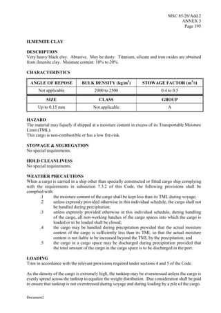 MSC 85/26/Add.2
ANNEX 3
Page 195
Document2
ILMENITE CLAY
DESCRIPTION
Very heavy black clay. Abrasive. May be dusty. Titanium, silicate and iron oxides are obtained
from ilmenite clay. Moisture content: 10% to 20%.
CHARACTERISTICS
ANGLE OF REPOSE BULK DENSITY (kg/m3
) STOWAGE FACTOR (m3
/t)
Not applicable 2000 to 2500 0.4 to 0.5
SIZE CLASS GROUP
Up to 0.15 mm Not applicable A
HAZARD
The material may liquefy if shipped at a moisture content in excess of its Transportable Moisture
Limit (TML).
This cargo is non-combustible or has a low fire-risk.
STOWAGE & SEGREGATION
No special requirements.
HOLD CLEANLINESS
No special requirements.
WEATHER PRECAUTIONS
When a cargo is carried in a ship other than specially constructed or fitted cargo ship complying
with the requirements in subsection 7.3.2 of this Code, the following provisions shall be
complied with:
.1 the moisture content of the cargo shall be kept less than its TML during voyage;
.2 unless expressly provided otherwise in this individual schedule, the cargo shall not
be handled during precipitation;
.3 unless expressly provided otherwise in this individual schedule, during handling
of the cargo, all non-working hatches of the cargo spaces into which the cargo is
loaded or to be loaded shall be closed;
.4 the cargo may be handled during precipitation provided that the actual moisture
content of the cargo is sufficiently less than its TML so that the actual moisture
content is not liable to be increased beyond the TML by the precipitation; and
.5 the cargo in a cargo space may be discharged during precipitation provided that
the total amount of the cargo in the cargo space is to be discharged in the port.
LOADING
Trim in accordance with the relevant provisions required under sections 4 and 5 of the Code.
As the density of the cargo is extremely high, the tanktop may be overstressed unless the cargo is
evenly spread across the tanktop to equalize the weight distribution. Due consideration shall be paid
to ensure that tanktop is not overstressed during voyage and during loading by a pile of the cargo.
 