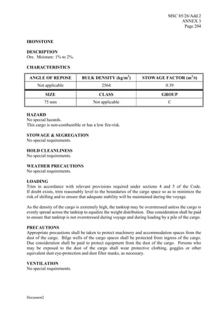 MSC 85/26/Add.2
ANNEX 3
Page 204
Document2
IRONSTONE
DESCRIPTION
Ore. Moisture: 1% to 2%.
CHARACTERISTICS
ANGLE OF REPOSE BULK DENSITY (kg/m3
) STOWAGE FACTOR (m3
/t)
Not applicable 2564 0.39
SIZE CLASS GROUP
75 mm Not applicable C
HAZARD
No special hazards.
This cargo is non-combustible or has a low fire-risk.
STOWAGE & SEGREGATION
No special requirements.
HOLD CLEANLINESS
No special requirements.
WEATHER PRECAUTIONS
No special requirements.
LOADING
Trim in accordance with relevant provisions required under sections 4 and 5 of the Code.
If doubt exists, trim reasonably level to the boundaries of the cargo space so as to minimize the
risk of shifting and to ensure that adequate stability will be maintained during the voyage.
As the density of the cargo is extremely high, the tanktop may be overstressed unless the cargo is
evenly spread across the tanktop to equalize the weight distribution. Due consideration shall be paid
to ensure that tanktop is not overstressed during voyage and during loading by a pile of the cargo.
PRECAUTIONS
Appropriate precautions shall be taken to protect machinery and accommodation spaces from the
dust of the cargo. Bilge wells of the cargo spaces shall be protected from ingress of the cargo.
Due consideration shall be paid to protect equipment from the dust of the cargo. Persons who
may be exposed to the dust of the cargo shall wear protective clothing, goggles or other
equivalent dust eye-protection and dust filter masks, as necessary.
VENTILATION
No special requirements.
 