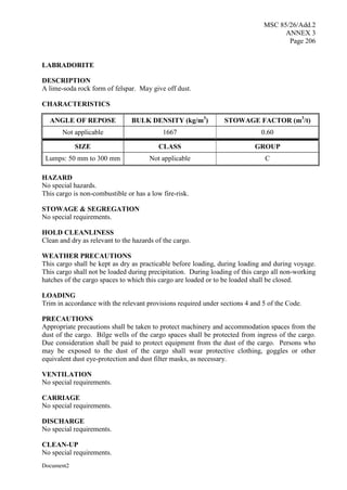 MSC 85/26/Add.2
ANNEX 3
Page 206
Document2
LABRADORITE
DESCRIPTION
A lime-soda rock form of felspar. May give off dust.
CHARACTERISTICS
ANGLE OF REPOSE BULK DENSITY (kg/m3
) STOWAGE FACTOR (m3
/t)
Not applicable 1667 0.60
SIZE CLASS GROUP
Lumps: 50 mm to 300 mm Not applicable C
HAZARD
No special hazards.
This cargo is non-combustible or has a low fire-risk.
STOWAGE & SEGREGATION
No special requirements.
HOLD CLEANLINESS
Clean and dry as relevant to the hazards of the cargo.
WEATHER PRECAUTIONS
This cargo shall be kept as dry as practicable before loading, during loading and during voyage.
This cargo shall not be loaded during precipitation. During loading of this cargo all non-working
hatches of the cargo spaces to which this cargo are loaded or to be loaded shall be closed.
LOADING
Trim in accordance with the relevant provisions required under sections 4 and 5 of the Code.
PRECAUTIONS
Appropriate precautions shall be taken to protect machinery and accommodation spaces from the
dust of the cargo. Bilge wells of the cargo spaces shall be protected from ingress of the cargo.
Due consideration shall be paid to protect equipment from the dust of the cargo. Persons who
may be exposed to the dust of the cargo shall wear protective clothing, goggles or other
equivalent dust eye-protection and dust filter masks, as necessary.
VENTILATION
No special requirements.
CARRIAGE
No special requirements.
DISCHARGE
No special requirements.
CLEAN-UP
No special requirements.
 