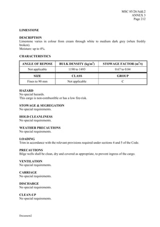 MSC 85/26/Add.2
ANNEX 3
Page 212
Document2
LIMESTONE
DESCRIPTION
Limestone varies in colour from cream through white to medium dark grey (when freshly
broken).
Moisture: up to 4%.
CHARACTERISTICS
ANGLE OF REPOSE BULK DENSITY (kg/m3
) STOWAGE FACTOR (m3
/t)
Not applicable 1190 to 1493 0.67 to 0.84
SIZE CLASS GROUP
Fines to 90 mm Not applicable C
HAZARD
No special hazards.
This cargo is non-combustible or has a low fire-risk.
STOWAGE & SEGREGATION
No special requirements.
HOLD CLEANLINESS
No special requirements.
WEATHER PRECAUTIONS
No special requirements.
LOADING
Trim in accordance with the relevant provisions required under sections 4 and 5 of the Code.
PRECAUTIONS
Bilge wells shall be clean, dry and covered as appropriate, to prevent ingress of the cargo.
VENTILATION
No special requirements.
CARRIAGE
No special requirements.
DISCHARGE
No special requirements.
CLEAN-UP
No special requirements.
 