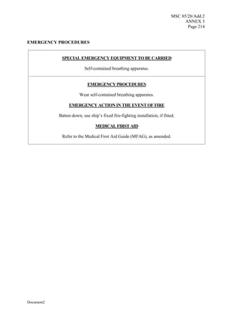 MSC 85/26/Add.2
ANNEX 3
Page 214
Document2
EMERGENCY PROCEDURES
SPECIAL EMERGENCY EQUIPMENT TO BE CARRIED
Self-contained breathing apparatus.
EMERGENCY PROCEDURES
Wear self-contained breathing apparatus.
EMERGENCY ACTION IN THE EVENT OF FIRE
Batten down; use ship’s fixed fire-fighting installation, if fitted.
MEDICAL FIRST AID
Refer to the Medical First Aid Guide (MFAG), as amended.
 