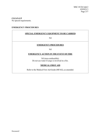 MSC 85/26/Add.2
ANNEX 3
Page 217
Document2
CLEAN-UP
No special requirements.
EMERGENCY PROCEDURES
SPECIAL EMERGENCY EQUIPMENT TO BE CARRIED
Nil
EMERGENCY PROCEDURES
Nil
EMERGENCY ACTION IN THE EVENT OF FIRE
Nil (non-combustible).
Do not use water if cargo is involved in a fire.
MEDICAL FIRST AID
Refer to the Medical First Aid Guide (MFAG), as amended.
 