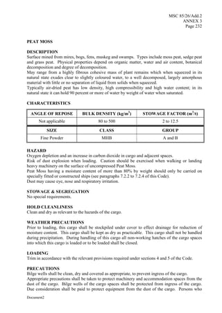 MSC 85/26/Add.2
ANNEX 3
Page 232
Document2
PEAT MOSS
DESCRIPTION
Surface mined from mires, bogs, fens, muskeg and swamps. Types include moss peat, sedge peat
and grass peat. Physical properties depend on organic matter, water and air content, botanical
decomposition and degree of decomposition.
May range from a highly fibrous cohesive mass of plant remains which when squeezed in its
natural state exudes clear to slightly coloured water, to a well decomposed, largely amorphous
material with little or no separation of liquid from solids when squeezed.
Typically air-dried peat has low density, high compressibility and high water content; in its
natural state it can hold 90 percent or more of water by weight of water when saturated.
CHARACTERISTICS
ANGLE OF REPOSE BULK DENSITY (kg/m3
) STOWAGE FACTOR (m3
/t)
Not applicable 80 to 500 2 to 12.5
SIZE CLASS GROUP
Fine Powder MHB A and B
HAZARD
Oxygen depletion and an increase in carbon dioxide in cargo and adjacent spaces.
Risk of dust explosion when loading. Caution should be exercised when walking or landing
heavy machinery on the surface of uncompressed Peat Moss.
Peat Moss having a moisture content of more than 80% by weight should only be carried on
specially fitted or constructed ships (see paragraphs 7.2.2 to 7.2.4 of this Code).
Dust may cause eye, nose and respiratory irritation.
STOWAGE & SEGREGATION
No special requirements.
HOLD CLEANLINESS
Clean and dry as relevant to the hazards of the cargo.
WEATHER PRECAUTIONS
Prior to loading, this cargo shall be stockpiled under cover to effect drainage for reduction of
moisture content. This cargo shall be kept as dry as practicable. This cargo shall not be handled
during precipitation. During handling of this cargo all non-working hatches of the cargo spaces
into which this cargo is loaded or to be loaded shall be closed.
LOADING
Trim in accordance with the relevant provisions required under sections 4 and 5 of the Code.
PRECAUTIONS
Bilge wells shall be clean, dry and covered as appropriate, to prevent ingress of the cargo.
Appropriate precautions shall be taken to protect machinery and accommodation spaces from the
dust of the cargo. Bilge wells of the cargo spaces shall be protected from ingress of the cargo.
Due consideration shall be paid to protect equipment from the dust of the cargo. Persons who
 