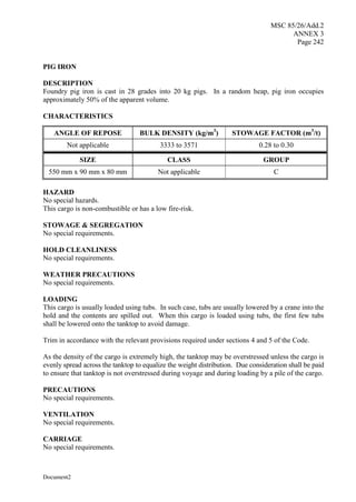MSC 85/26/Add.2
ANNEX 3
Page 242
Document2
PIG IRON
DESCRIPTION
Foundry pig iron is cast in 28 grades into 20 kg pigs. In a random heap, pig iron occupies
approximately 50% of the apparent volume.
CHARACTERISTICS
ANGLE OF REPOSE BULK DENSITY (kg/m3
) STOWAGE FACTOR (m3
/t)
Not applicable 3333 to 3571 0.28 to 0.30
SIZE CLASS GROUP
550 mm x 90 mm x 80 mm Not applicable C
HAZARD
No special hazards.
This cargo is non-combustible or has a low fire-risk.
STOWAGE & SEGREGATION
No special requirements.
HOLD CLEANLINESS
No special requirements.
WEATHER PRECAUTIONS
No special requirements.
LOADING
This cargo is usually loaded using tubs. In such case, tubs are usually lowered by a crane into the
hold and the contents are spilled out. When this cargo is loaded using tubs, the first few tubs
shall be lowered onto the tanktop to avoid damage.
Trim in accordance with the relevant provisions required under sections 4 and 5 of the Code.
As the density of the cargo is extremely high, the tanktop may be overstressed unless the cargo is
evenly spread across the tanktop to equalize the weight distribution. Due consideration shall be paid
to ensure that tanktop is not overstressed during voyage and during loading by a pile of the cargo.
PRECAUTIONS
No special requirements.
VENTILATION
No special requirements.
CARRIAGE
No special requirements.
 