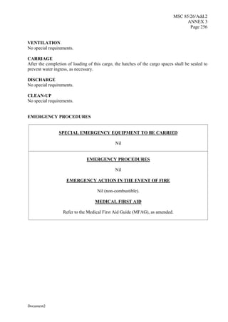 MSC 85/26/Add.2
ANNEX 3
Page 256
Document2
VENTILATION
No special requirements.
CARRIAGE
After the completion of loading of this cargo, the hatches of the cargo spaces shall be sealed to
prevent water ingress, as necessary.
DISCHARGE
No special requirements.
CLEAN-UP
No special requirements.
EMERGENCY PROCEDURES
SPECIAL EMERGENCY EQUIPMENT TO BE CARRIED
Nil
EMERGENCY PROCEDURES
Nil
EMERGENCY ACTION IN THE EVENT OF FIRE
Nil (non-combustible).
MEDICAL FIRST AID
Refer to the Medical First Aid Guide (MFAG), as amended.
 