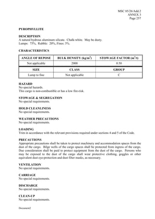 MSC 85/26/Add.2
ANNEX 3
Page 257
Document2
PYROPHYLLITE
DESCRIPTION
A natural hydrous aluminum silicate. Chalk-white. May be dusty.
Lumps: 75%, Rubble: 20%, Fines: 5%.
CHARACTERISTICS
ANGLE OF REPOSE BULK DENSITY (kg/m3
) STOWAGE FACTOR (m3
/t)
Not applicable 2000 0.50
SIZE CLASS GROUP
Lump to fine Not applicable C
HAZARD
No special hazards.
This cargo is non-combustible or has a low fire-risk.
STOWAGE & SEGREGATION
No special requirements.
HOLD CLEANLINESS
No special requirements.
WEATHER PRECAUTIONS
No special requirements.
LOADING
Trim in accordance with the relevant provisions required under sections 4 and 5 of the Code.
PRECAUTIONS
Appropriate precautions shall be taken to protect machinery and accommodation spaces from the
dust of the cargo. Bilge wells of the cargo spaces shall be protected from ingress of the cargo.
Due consideration shall be paid to protect equipment from the dust of the cargo. Persons who
may be exposed to the dust of the cargo shall wear protective clothing, goggles or other
equivalent dust eye-protection and dust filter masks, as necessary.
VENTILATION
No special requirements.
CARRIAGE
No special requirements.
DISCHARGE
No special requirements.
CLEAN-UP
No special requirements.
 