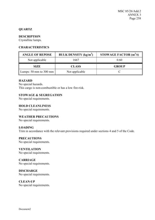 MSC 85/26/Add.2
ANNEX 3
Page 258
Document2
QUARTZ
DESCRIPTION
Crystalline lumps.
CHARACTERISTICS
ANGLE OF REPOSE BULK DENSITY (kg/m3
) STOWAGE FACTOR (m3
/t)
Not applicable 1667 0.60
SIZE CLASS GROUP
Lumps: 50 mm to 300 mm Not applicable C
HAZARD
No special hazards.
This cargo is non-combustible or has a low fire-risk.
STOWAGE & SEGREGATION
No special requirements.
HOLD CLEANLINESS
No special requirements.
WEATHER PRECAUTIONS
No special requirements.
LOADING
Trim in accordance with the relevant provisions required under sections 4 and 5 of the Code.
PRECAUTIONS
No special requirements.
VENTILATION
No special requirements.
CARRIAGE
No special requirements.
DISCHARGE
No special requirements.
CLEAN-UP
No special requirements.
 
