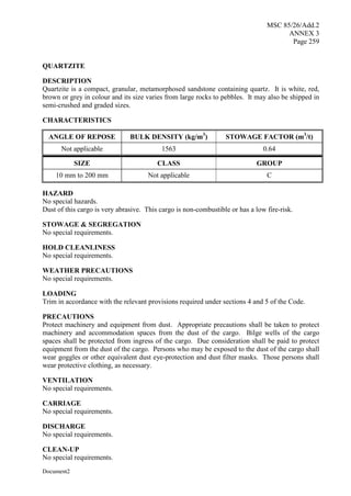 MSC 85/26/Add.2
ANNEX 3
Page 259
Document2
QUARTZITE
DESCRIPTION
Quartzite is a compact, granular, metamorphosed sandstone containing quartz. It is white, red,
brown or grey in colour and its size varies from large rocks to pebbles. It may also be shipped in
semi-crushed and graded sizes.
CHARACTERISTICS
ANGLE OF REPOSE BULK DENSITY (kg/m3
) STOWAGE FACTOR (m3
/t)
Not applicable 1563 0.64
SIZE CLASS GROUP
10 mm to 200 mm Not applicable C
HAZARD
No special hazards.
Dust of this cargo is very abrasive. This cargo is non-combustible or has a low fire-risk.
STOWAGE & SEGREGATION
No special requirements.
HOLD CLEANLINESS
No special requirements.
WEATHER PRECAUTIONS
No special requirements.
LOADING
Trim in accordance with the relevant provisions required under sections 4 and 5 of the Code.
PRECAUTIONS
Protect machinery and equipment from dust. Appropriate precautions shall be taken to protect
machinery and accommodation spaces from the dust of the cargo. Bilge wells of the cargo
spaces shall be protected from ingress of the cargo. Due consideration shall be paid to protect
equipment from the dust of the cargo. Persons who may be exposed to the dust of the cargo shall
wear goggles or other equivalent dust eye-protection and dust filter masks. Those persons shall
wear protective clothing, as necessary.
VENTILATION
No special requirements.
CARRIAGE
No special requirements.
DISCHARGE
No special requirements.
CLEAN-UP
No special requirements.
 