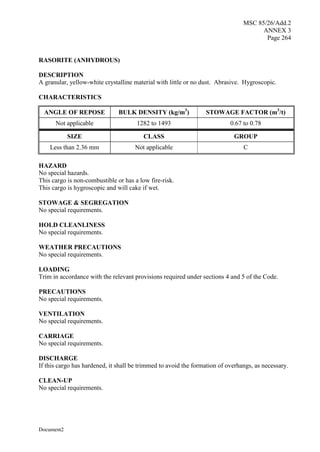 MSC 85/26/Add.2
ANNEX 3
Page 264
Document2
RASORITE (ANHYDROUS)
DESCRIPTION
A granular, yellow-white crystalline material with little or no dust. Abrasive. Hygroscopic.
CHARACTERISTICS
ANGLE OF REPOSE BULK DENSITY (kg/m3
) STOWAGE FACTOR (m3
/t)
Not applicable 1282 to 1493 0.67 to 0.78
SIZE CLASS GROUP
Less than 2.36 mm Not applicable C
HAZARD
No special hazards.
This cargo is non-combustible or has a low fire-risk.
This cargo is hygroscopic and will cake if wet.
STOWAGE & SEGREGATION
No special requirements.
HOLD CLEANLINESS
No special requirements.
WEATHER PRECAUTIONS
No special requirements.
LOADING
Trim in accordance with the relevant provisions required under sections 4 and 5 of the Code.
PRECAUTIONS
No special requirements.
VENTILATION
No special requirements.
CARRIAGE
No special requirements.
DISCHARGE
If this cargo has hardened, it shall be trimmed to avoid the formation of overhangs, as necessary.
CLEAN-UP
No special requirements.
 