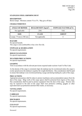 MSC 85/26/Add.2
ANNEX 3
Page 296
Document2
STAINLESS STEEL GRINDING DUST
DESCRIPTION
Brown lumps: Moisture content 1% to 3%. May give off dust.
CHARACTERISTICS
ANGLE OF REPOSE BULK DENSITY (kg/m3
) STOWAGE FACTOR (m3
/t)
Not applicable 2381 0.42
SIZE CLASS GROUP
Lumps: 75 mm to 380 mm Not applicable C
HAZARD
No special hazards.
This cargo is non-combustible or has a low fire-risk.
STOWAGE & SEGREGATION
No special requirements.
HOLD CLEANLINESS
No special requirements.
WEATHER PRECAUTIONS
No special requirements.
LOADING
Trim in accordance with the relevant provisions required under sections 4 and 5 of the Code.
As the density of the cargo is extremely high, the tanktop may be overstressed unless the cargo is
evenly spread across the tanktop to equalize the weight distribution. Due consideration shall be paid
to ensure that tanktop is not overstressed during voyage and during loading by a pile of the cargo.
PRECAUTIONS
Appropriate precautions shall be taken to protect machinery and accommodation spaces from the
dust of the cargo. Bilge wells of the cargo spaces shall be protected from ingress of the cargo.
Due consideration shall be paid to protect equipment from the dust of the cargo. Persons who
may be exposed to the dust of the cargo shall wear protective clothing, goggles or other
equivalent dust eye-protection and dust filter masks, as necessary.
VENTILATION
No special requirements.
CARRIAGE
No special requirements.
DISCHARGE
No special requirements.
CLEAN-UP
No special requirements.
 