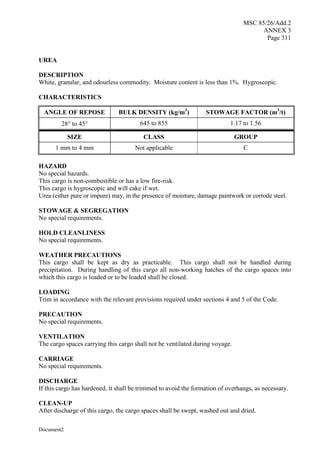 MSC 85/26/Add.2
ANNEX 3
Page 311
Document2
UREA
DESCRIPTION
White, granular, and odourless commodity. Moisture content is less than 1%. Hygroscopic.
CHARACTERISTICS
ANGLE OF REPOSE BULK DENSITY (kg/m3
) STOWAGE FACTOR (m3
/t)
28 to 45 645 to 855 1.17 to 1.56
SIZE CLASS GROUP
1 mm to 4 mm Not applicable C
HAZARD
No special hazards.
This cargo is non-combustible or has a low fire-risk.
This cargo is hygroscopic and will cake if wet.
Urea (either pure or impure) may, in the presence of moisture, damage paintwork or corrode steel.
STOWAGE & SEGREGATION
No special requirements.
HOLD CLEANLINESS
No special requirements.
WEATHER PRECAUTIONS
This cargo shall be kept as dry as practicable. This cargo shall not be handled during
precipitation. During handling of this cargo all non-working hatches of the cargo spaces into
which this cargo is loaded or to be loaded shall be closed.
LOADING
Trim in accordance with the relevant provisions required under sections 4 and 5 of the Code.
PRECAUTION
No special requirements.
VENTILATION
The cargo spaces carrying this cargo shall not be ventilated during voyage.
CARRIAGE
No special requirements.
DISCHARGE
If this cargo has hardened, it shall be trimmed to avoid the formation of overhangs, as necessary.
CLEAN-UP
After discharge of this cargo, the cargo spaces shall be swept, washed out and dried.
 