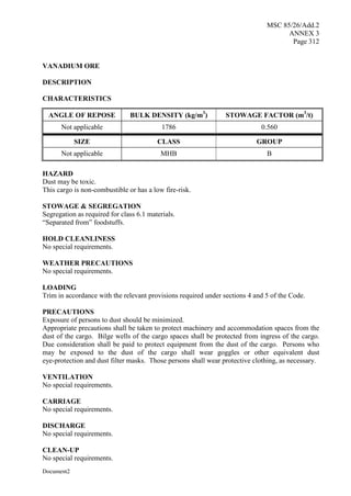MSC 85/26/Add.2
ANNEX 3
Page 312
Document2
VANADIUM ORE
DESCRIPTION
CHARACTERISTICS
ANGLE OF REPOSE BULK DENSITY (kg/m3
) STOWAGE FACTOR (m3
/t)
Not applicable 1786 0.560
SIZE CLASS GROUP
Not applicable MHB B
HAZARD
Dust may be toxic.
This cargo is non-combustible or has a low fire-risk.
STOWAGE & SEGREGATION
Segregation as required for class 6.1 materials.
“Separated from” foodstuffs.
HOLD CLEANLINESS
No special requirements.
WEATHER PRECAUTIONS
No special requirements.
LOADING
Trim in accordance with the relevant provisions required under sections 4 and 5 of the Code.
PRECAUTIONS
Exposure of persons to dust should be minimized.
Appropriate precautions shall be taken to protect machinery and accommodation spaces from the
dust of the cargo. Bilge wells of the cargo spaces shall be protected from ingress of the cargo.
Due consideration shall be paid to protect equipment from the dust of the cargo. Persons who
may be exposed to the dust of the cargo shall wear goggles or other equivalent dust
eye-protection and dust filter masks. Those persons shall wear protective clothing, as necessary.
VENTILATION
No special requirements.
CARRIAGE
No special requirements.
DISCHARGE
No special requirements.
CLEAN-UP
No special requirements.
 