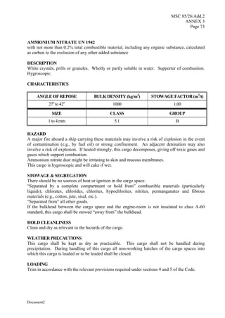 MSC 85/26/Add.2
ANNEX 3
Page 73
Document2
AMMONIUM NITRATE UN 1942
with not more than 0.2% total combustible material, including any organic substance, calculated
as carbon to the exclusion of any other added substance
DESCRIPTION
White crystals, prills or granules. Wholly or partly soluble in water. Supporter of combustion.
Hygroscopic.
CHARACTERISTICS
ANGLE OF REPOSE BULK DENSITY (kg/m3
) STOWAGE FACTOR (m3
/t)
27o
to 42o
1000 1.00
SIZE CLASS GROUP
1 to 4 mm 5.1 B
HAZARD
A major fire aboard a ship carrying these materials may involve a risk of explosion in the event
of contamination (e.g., by fuel oil) or strong confinement. An adjacent detonation may also
involve a risk of explosion. If heated strongly, this cargo decomposes, giving off toxic gases and
gases which support combustion.
Ammonium nitrate dust might be irritating to skin and mucous membranes.
This cargo is hygroscopic and will cake if wet.
STOWAGE & SEGREGATION
There should be no sources of heat or ignition in the cargo space.
“Separated by a complete compartment or hold from” combustible materials (particularly
liquids), chlorates, chlorides, chlorites, hypochlorites, nitrites, permanganates and fibrous
materials (e.g., cotton, jute, sisal, etc.).
“Separated from” all other goods.
If the bulkhead between the cargo space and the engine-room is not insulated to class A-60
standard, this cargo shall be stowed “away from” the bulkhead.
HOLD CLEANLINESS
Clean and dry as relevant to the hazards of the cargo.
WEATHER PRECAUTIONS
This cargo shall be kept as dry as practicable. This cargo shall not be handled during
precipitation. During handling of this cargo all non-working hatches of the cargo spaces into
which this cargo is loaded or to be loaded shall be closed.
LOADING
Trim in accordance with the relevant provisions required under sections 4 and 5 of the Code.
 