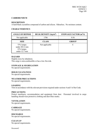 MSC 85/26/Add.2
ANNEX 3
Page 109
Document2
CARBORUNDUM
DESCRIPTION
A hard black crystalline compound of carbon and silicon. Odourless. No moisture content.
CHARACTERISTICS
ANGLE OF REPOSE BULK DENSITY (kg/m3
) STOWAGE FACTOR (m3
/t)
Not applicable 1786 0.56
SIZE CLASS GROUP
75% lumps:
under 203.2 mm
25% lumps:
under 12.7 mm
Not applicable C
HAZARD
Slightly toxic by inhalation.
This cargo is non-combustible or has a low fire-risk.
STOWAGE & SEGREGATION
No special requirements.
HOLD CLEANLINESS
No special requirements.
WEATHER PRECAUTIONS
No special requirements.
LOADING
Trim in accordance with the relevant provisions required under sections 4 and 5 of the Code.
PRECAUTIONS
Protect machinery, accommodation and equipment from dust. Personnel involved in cargo
handling should wear protective clothing and dust filter masks.
VENTILATION
No special requirements.
CARRIAGE
No special requirements.
DISCHARGE
No special requirements.
CLEAN-UP
No special requirements.
 